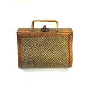 Vintage Wood Woven Basket Handbag Vanity Case Clamshell Box Trinket box